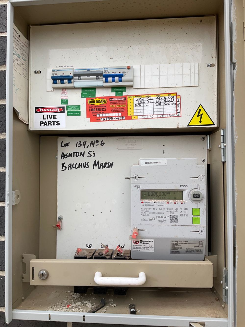 No termite management notice in the meter box at handover, found during a pre-handover (PCI) inspection in Bacchus Marsh